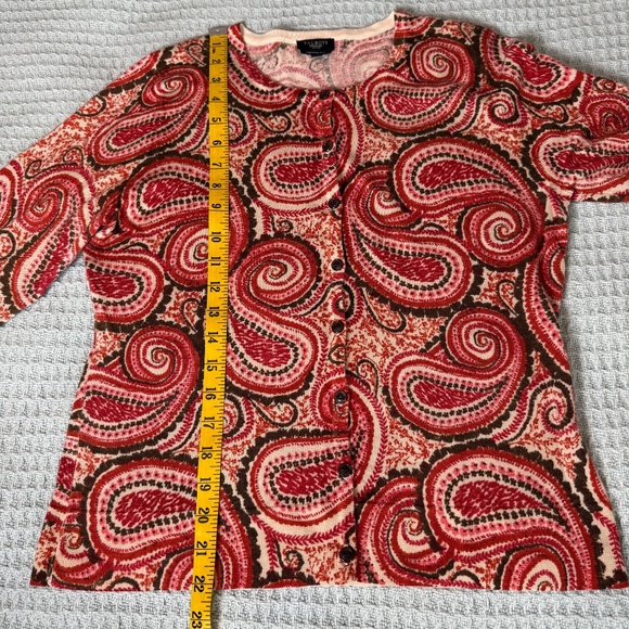 Talbots 100% Merino Wool Cardigan Sweater Womens Petite Medium Brown Red Paisley - Picture 8 of 8
